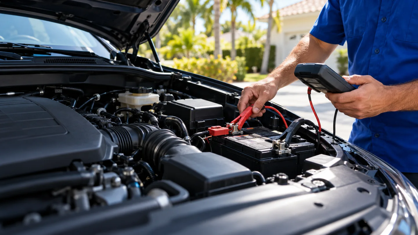 Illustration of a technician testing a vehicle battery at a driveway